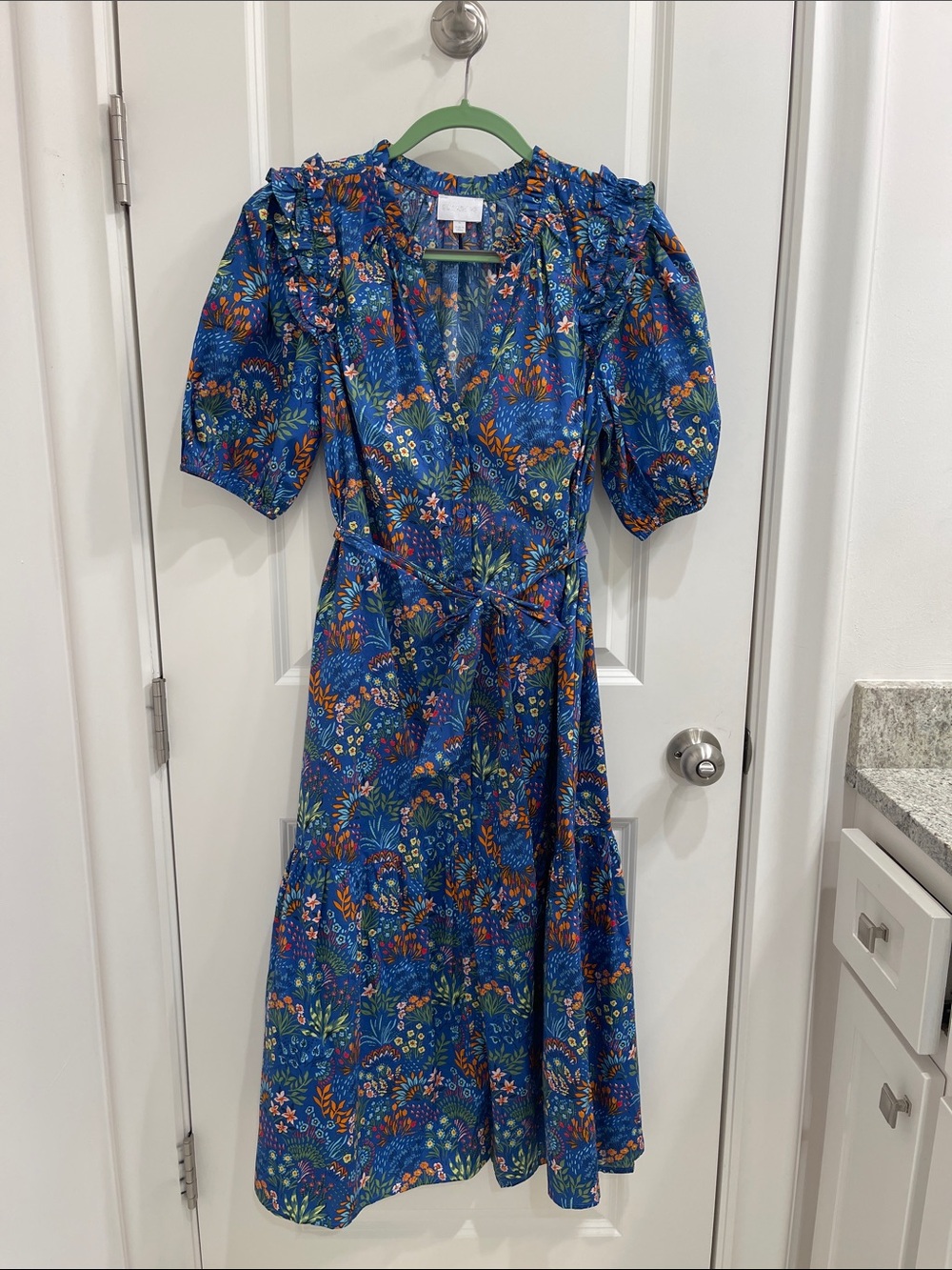 Blue Floral Midi Dress with Puff Sleeves